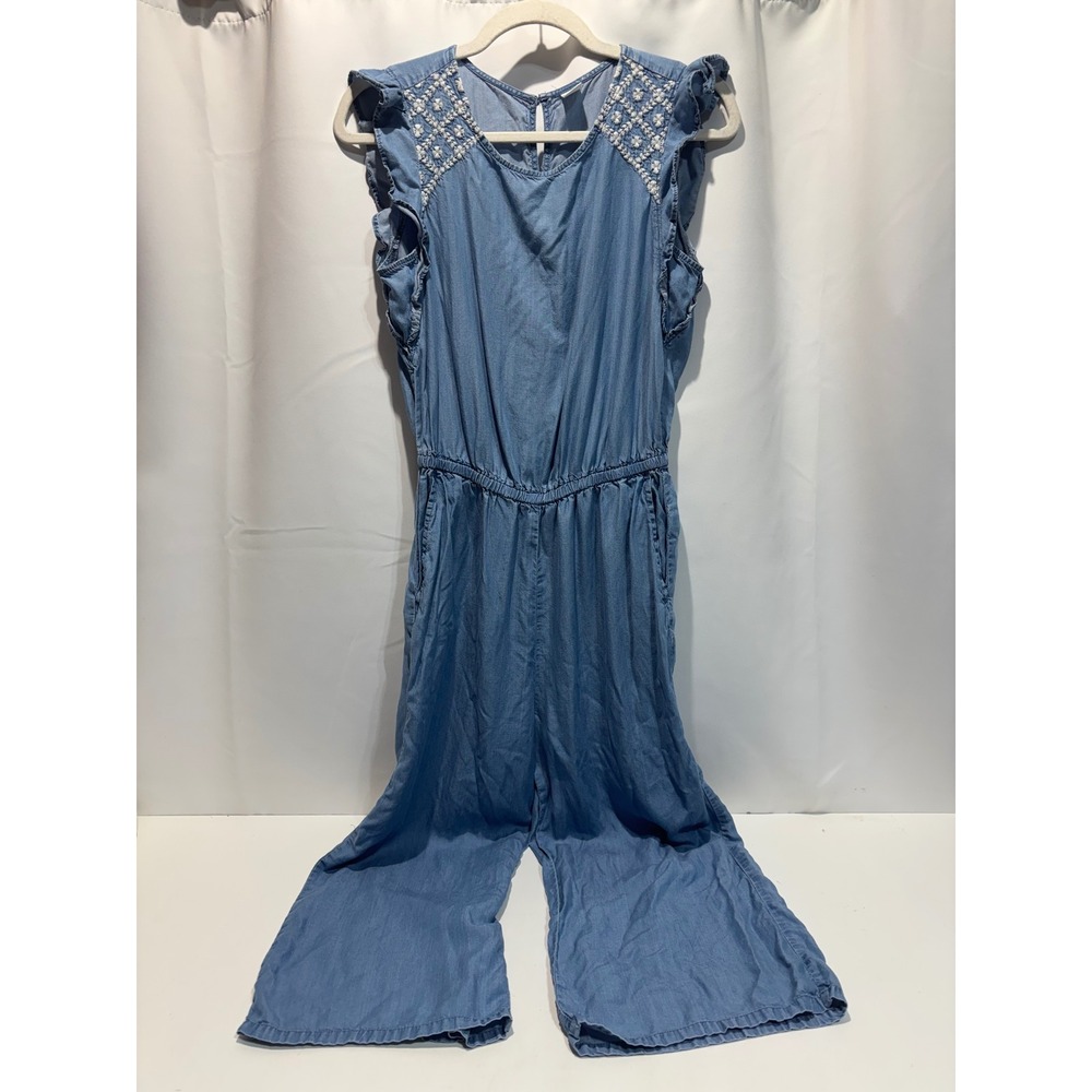 Old Navy Jumpsuit Womens Small Blue Chambray Embroidered Ruffle Wide Leg